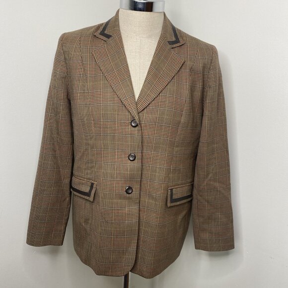 Pendlton Brown Plaid Wool Blazer 14 Leather Trim Jacket Quiet Luxury Equestrian - Picture 1 of 11